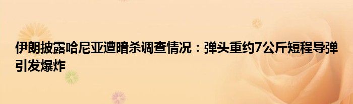 伊朗披露哈尼亚遭暗杀调查情况：弹头重约7公斤短程导弹引发爆炸