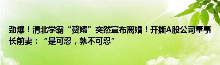 劲爆！清北学霸“赘婿”突然宣布离婚！开撕A股公司董事长前妻：“是可忍，孰不可忍”